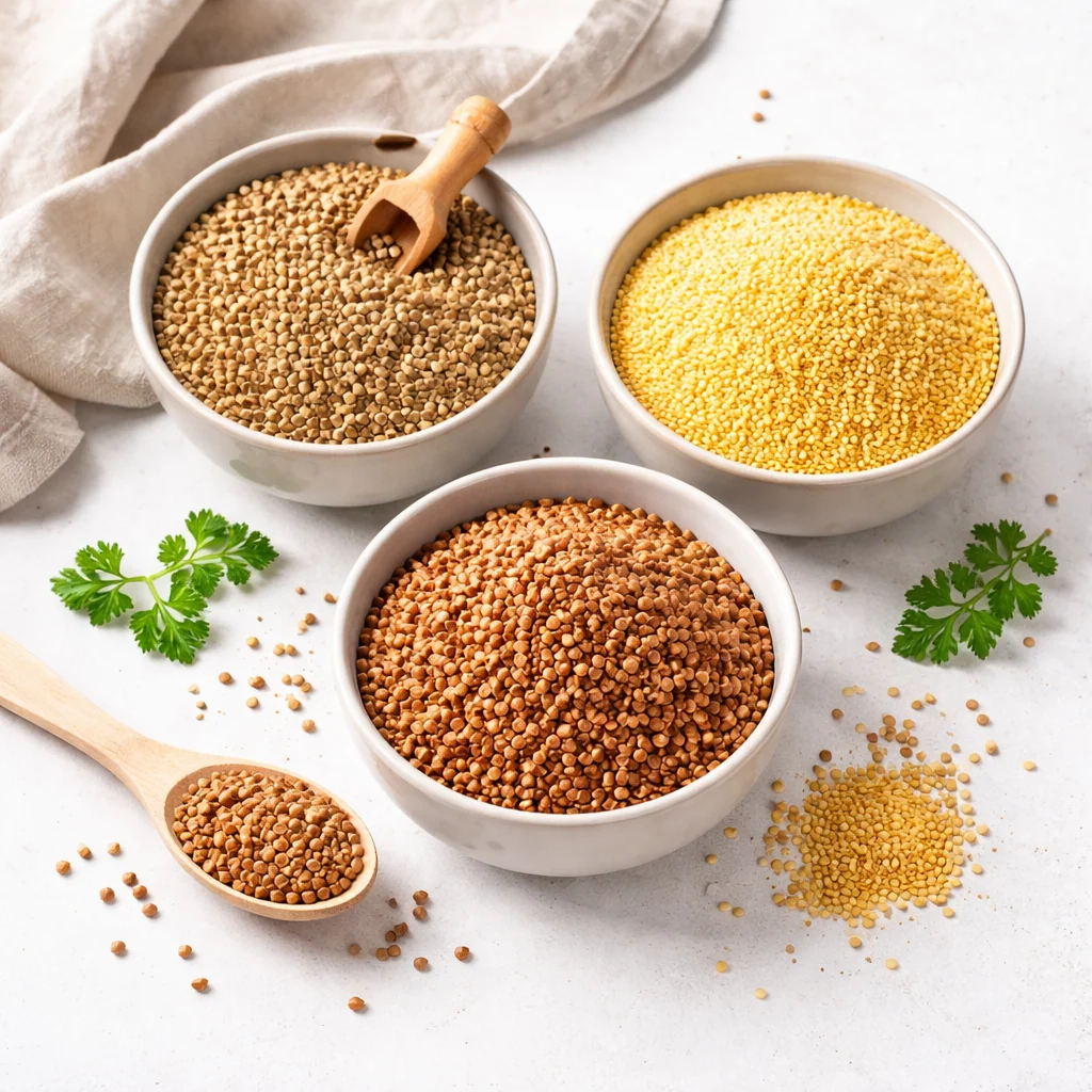 Grains arranged in bowls on marble Ekologiškos kruopos - Image 1